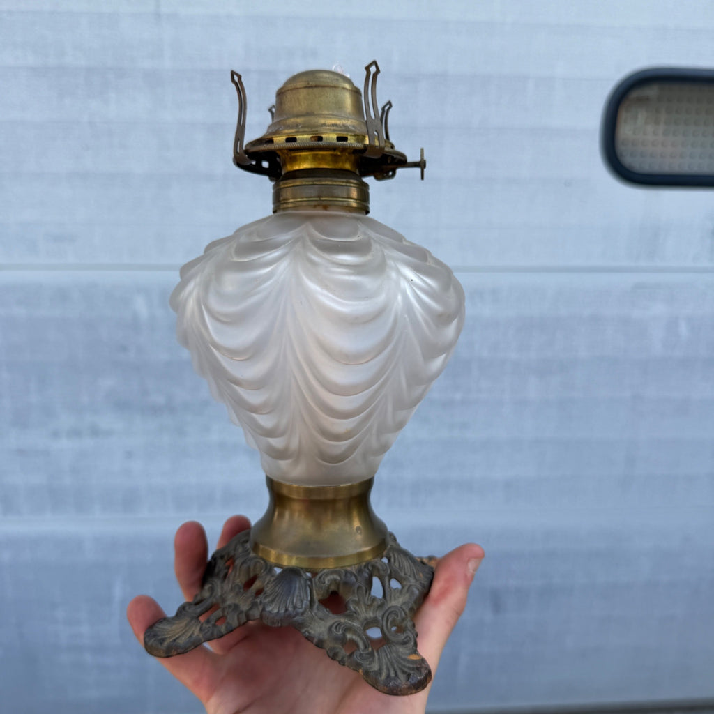 Antique EAPG Pittsburgh Lamp Brass & Glass Beaded Drape Frosted Glass Oil Lamp