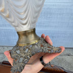 Antique EAPG Pittsburgh Lamp Brass & Glass Beaded Drape Frosted Glass Oil Lamp