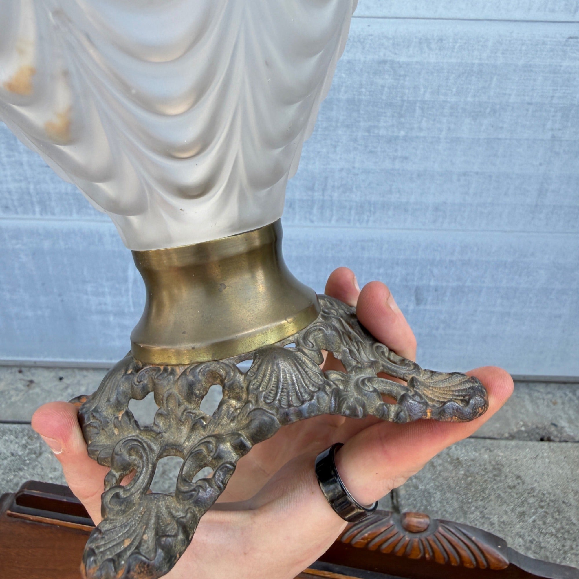 Antique EAPG Pittsburgh Lamp Brass & Glass Beaded Drape Frosted Glass Oil Lamp
