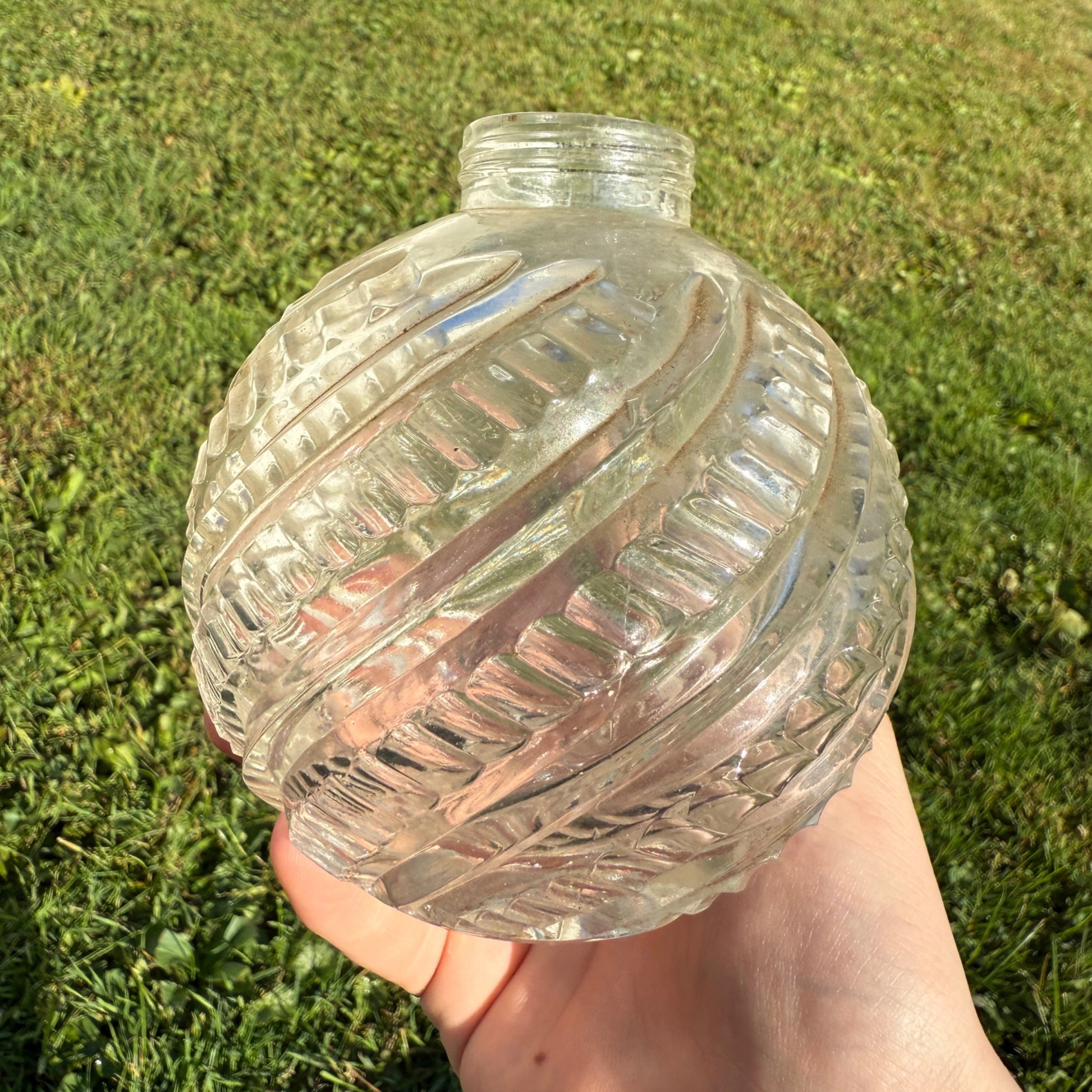 Early Zipper Swirl Glass Ball Oil Lamp Base Cut Glass EAPG
