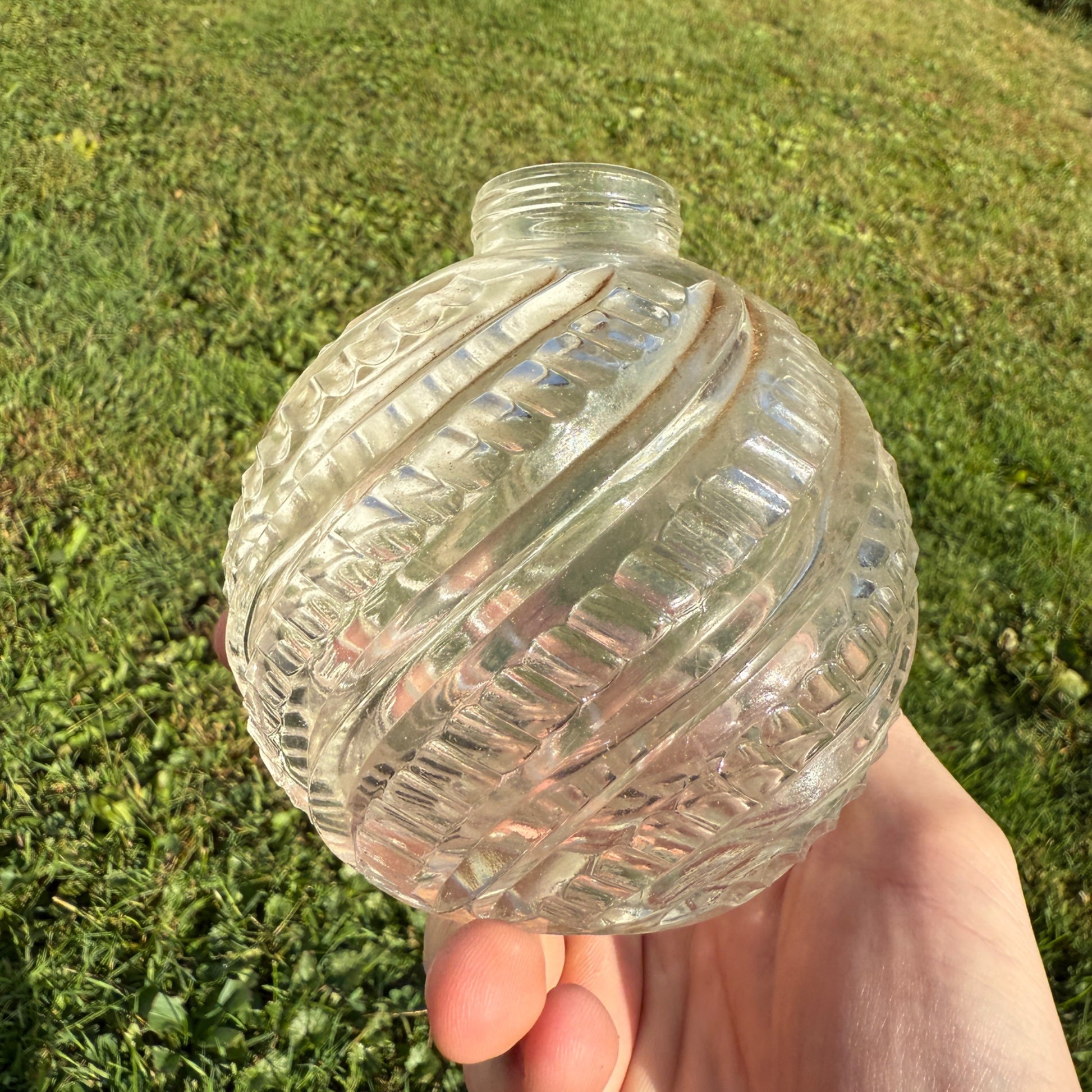 Early Zipper Swirl Glass Ball Oil Lamp Base Cut Glass EAPG
