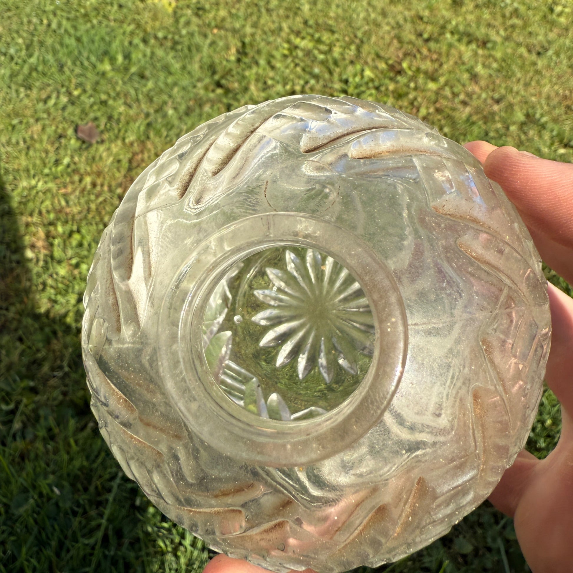 Early Zipper Swirl Glass Ball Oil Lamp Base Cut Glass EAPG