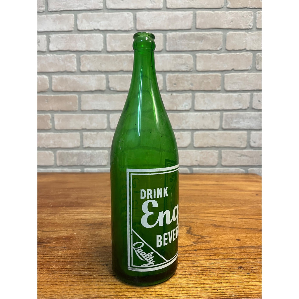 Vintage 1950s Engel Beverages ACL Green Glass Soda Bottle Fond du Lac WI Quart