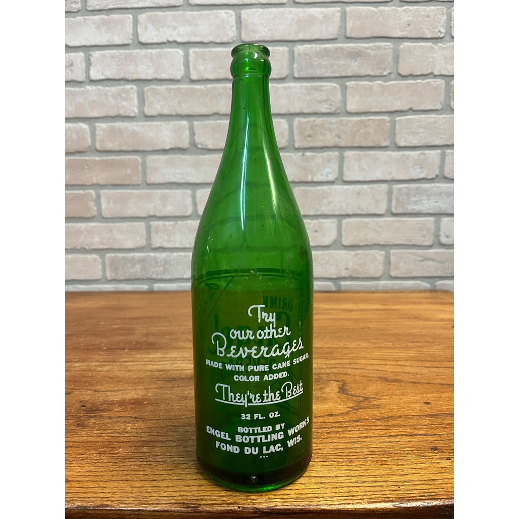 Vintage 1950s Engel Beverages ACL Green Glass Soda Bottle Fond du Lac WI Quart