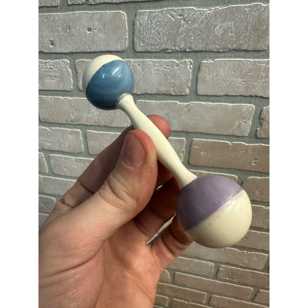 Vintage 1940s Baby Rattle Celluloid Plastic 4" Dumbbell Style Two-Tone