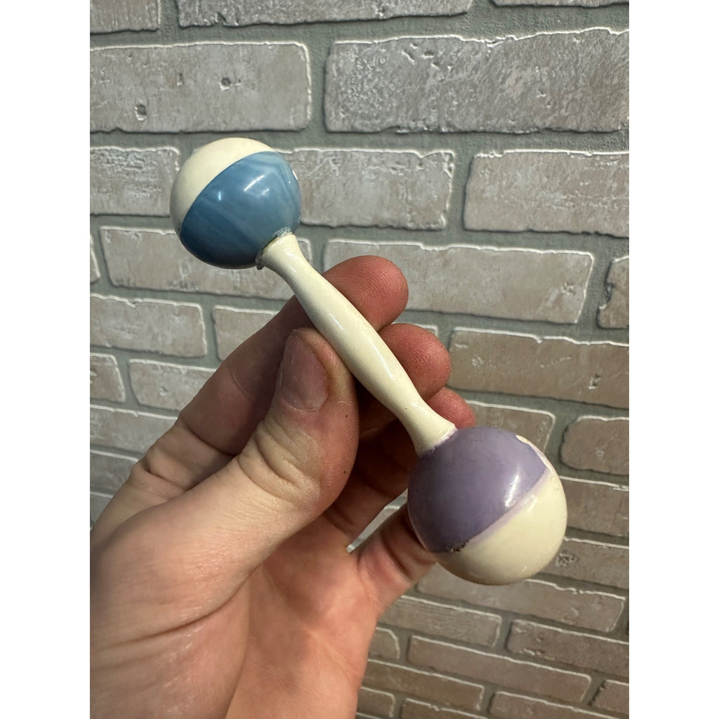 Vintage 1940s Baby Rattle Celluloid Plastic 4" Dumbbell Style Two-Tone