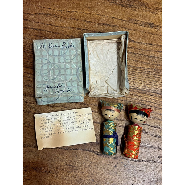 Vintage Japanese Kokeshi Doll Pair Brocade Kimono Original Box Friendship Set