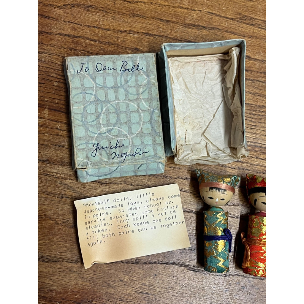 Vintage Japanese Kokeshi Doll Pair Brocade Kimono Original Box Friendship Set