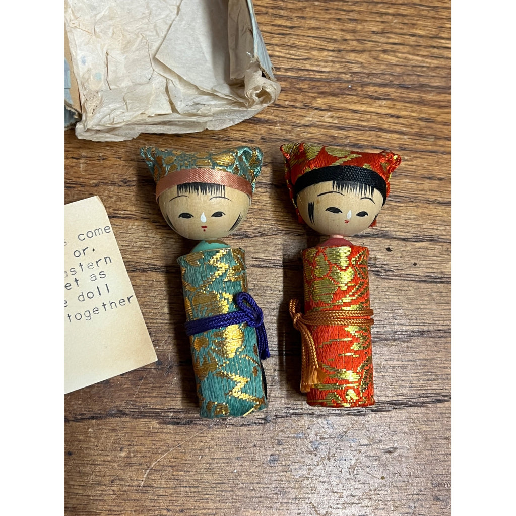 Vintage Japanese Kokeshi Doll Pair Brocade Kimono Original Box Friendship Set