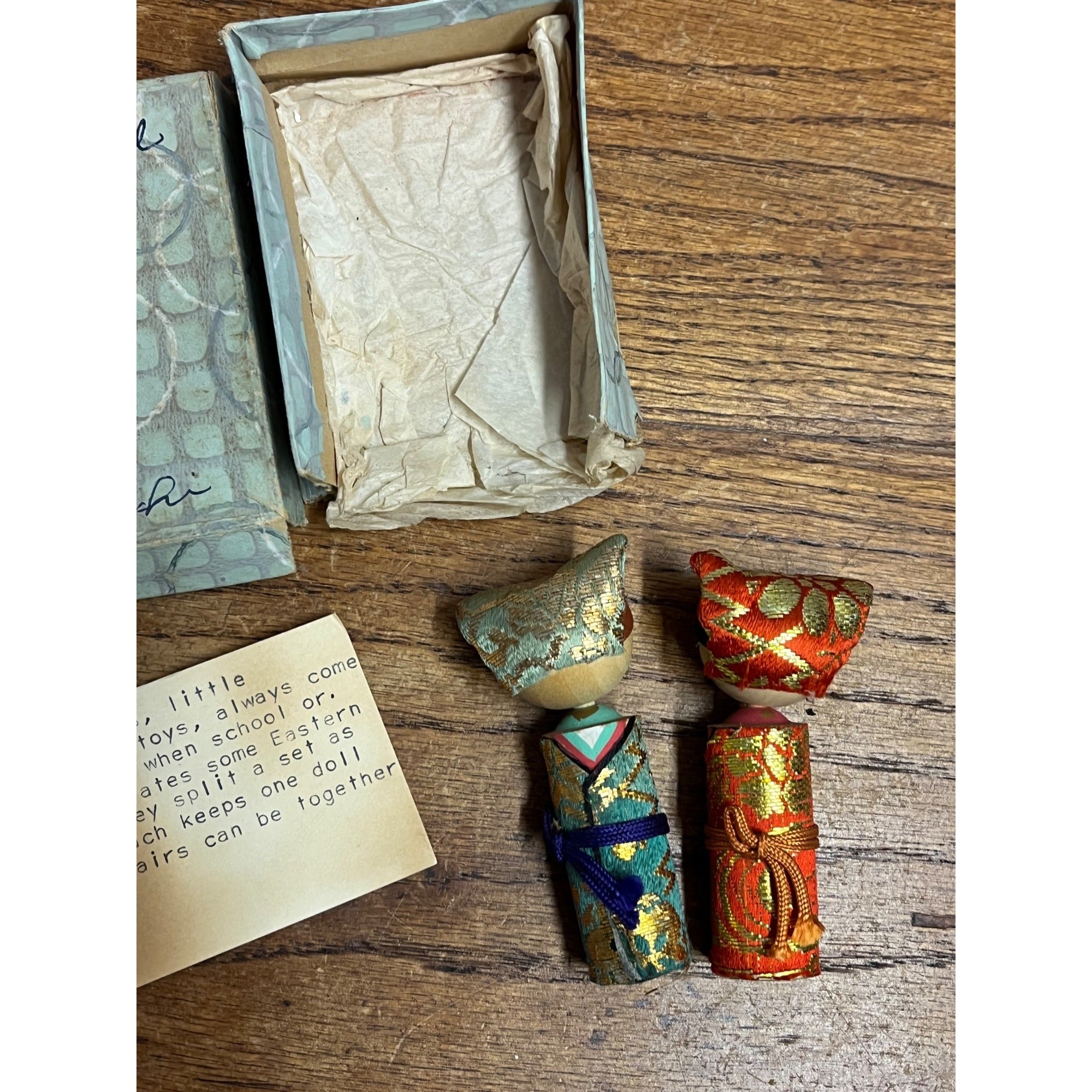 Vintage Japanese Kokeshi Doll Pair Brocade Kimono Original Box Friendship Set