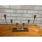Vintage MCM Danish Stainless Steel Wood Base Candle Stick 6 Holder Candelabra MG