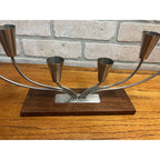 Vintage MCM Danish Stainless Steel Wood Base Candle Stick 6 Holder Candelabra MG