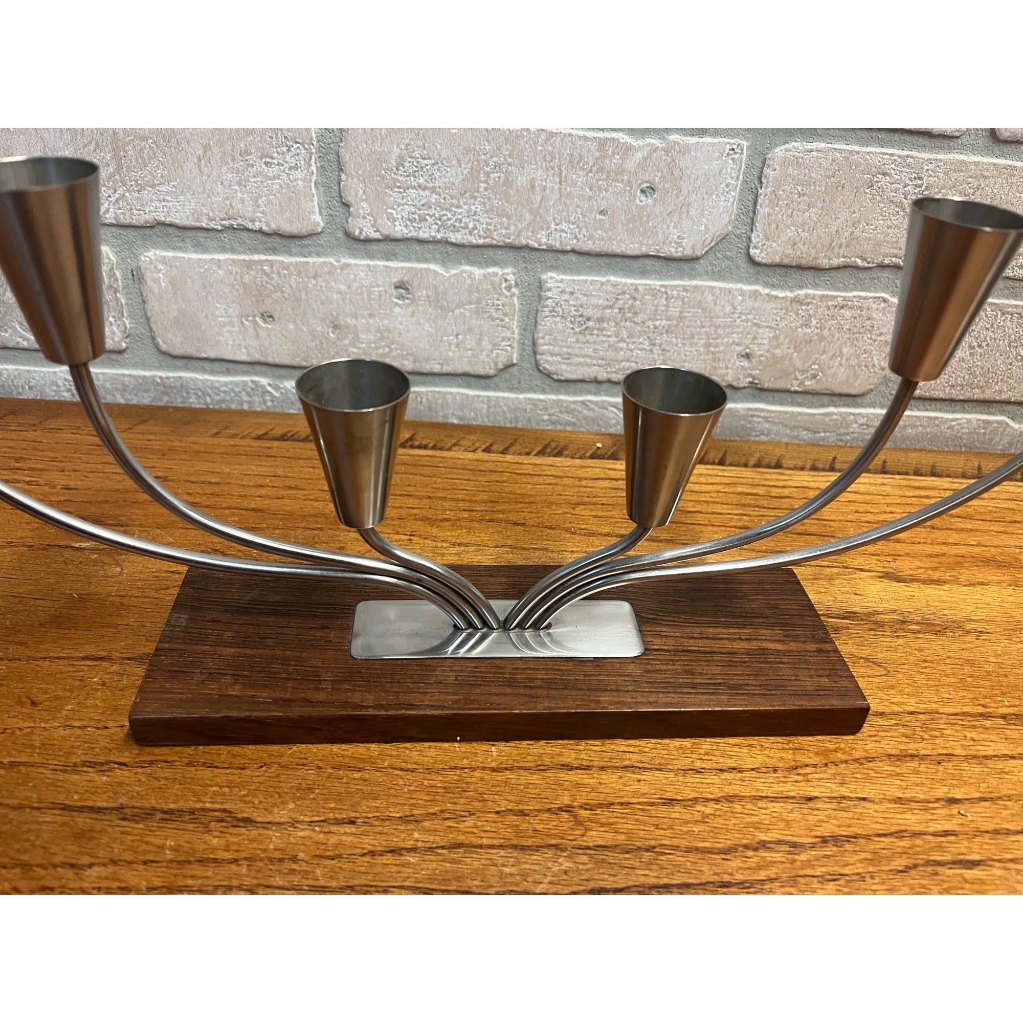 Vintage MCM Danish Stainless Steel Wood Base Candle Stick 6 Holder Candelabra MG