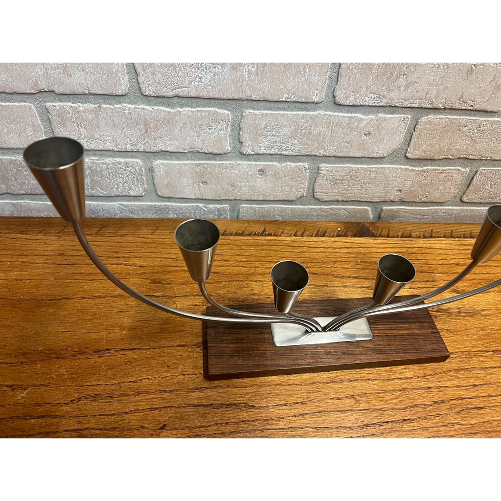 Vintage MCM Danish Stainless Steel Wood Base Candle Stick 6 Holder Candelabra MG