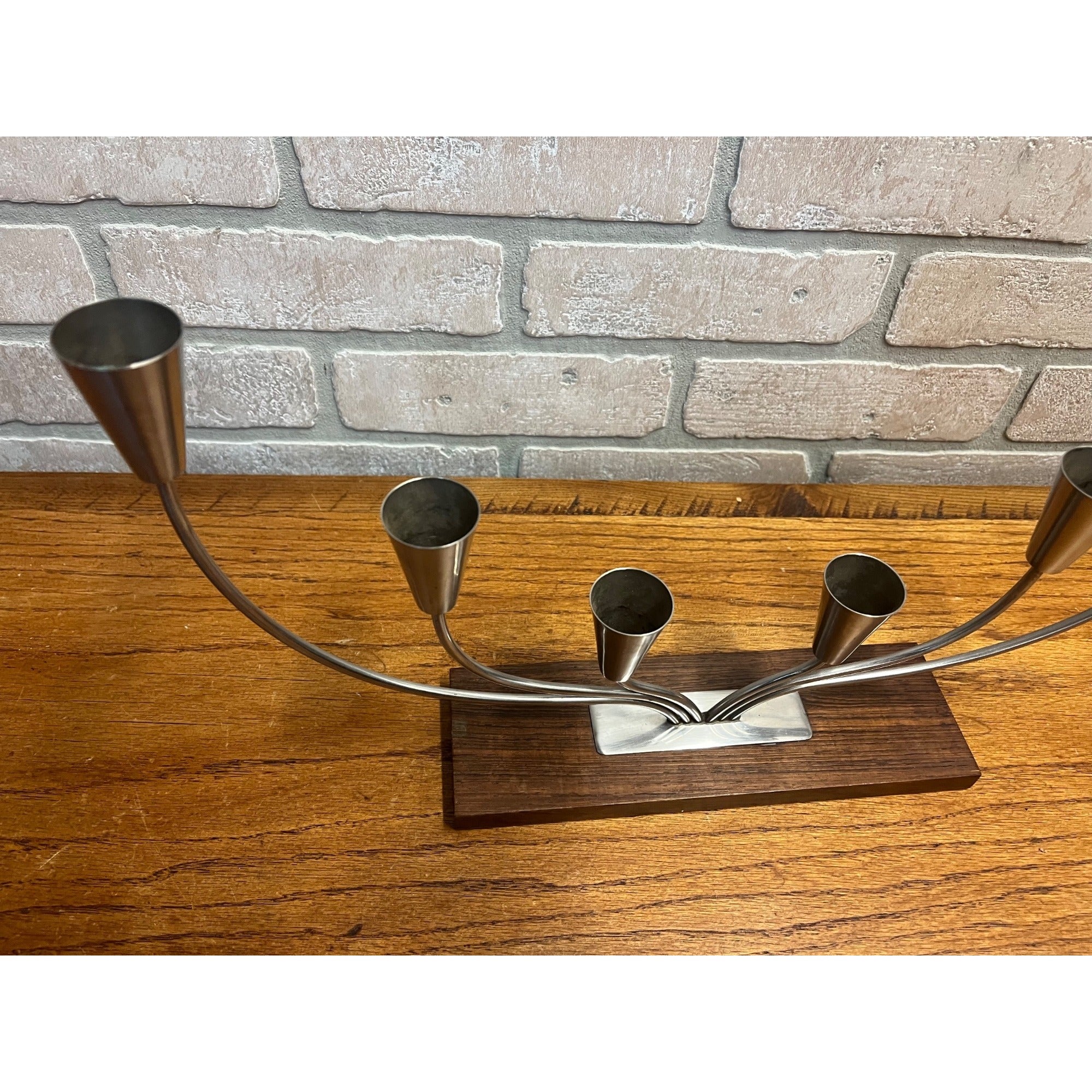 Vintage MCM Danish Stainless Steel Wood Base Candle Stick 6 Holder Candelabra MG