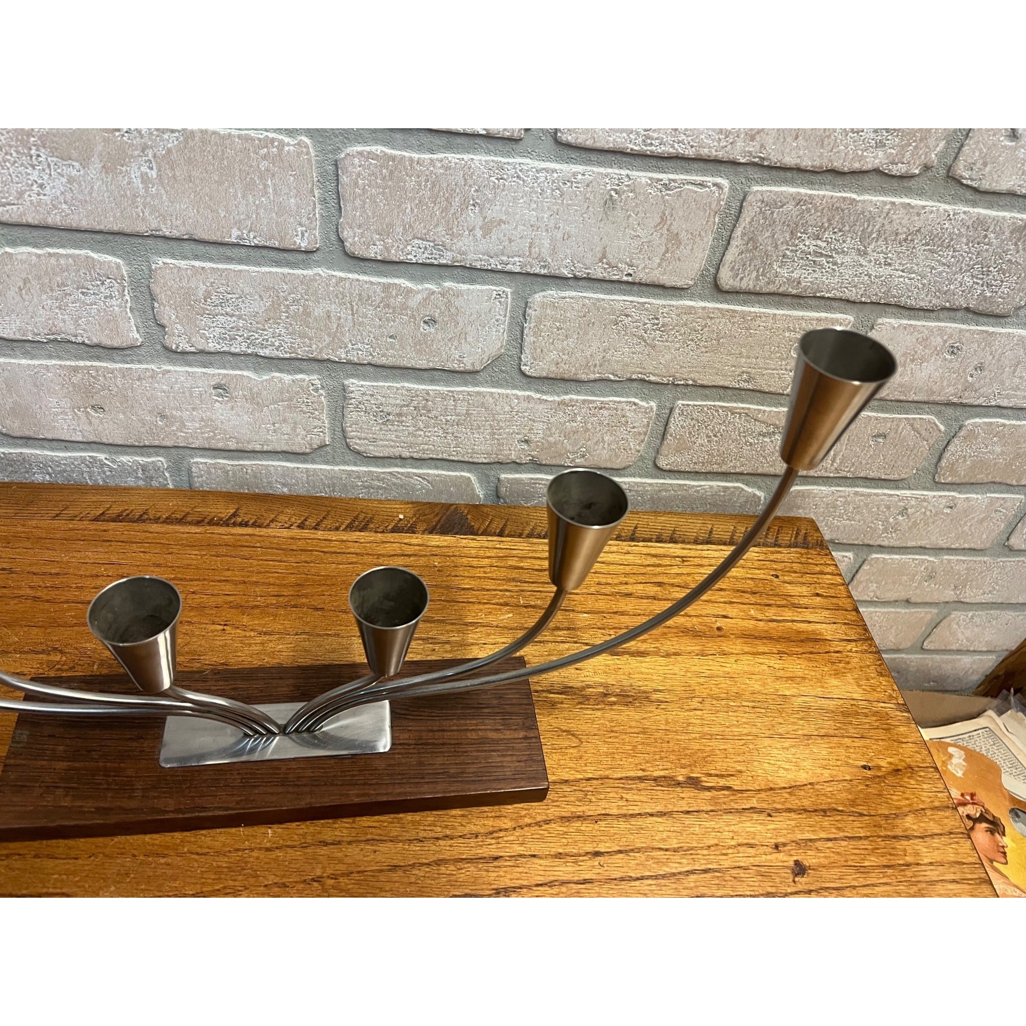 Vintage MCM Danish Stainless Steel Wood Base Candle Stick 6 Holder Candelabra MG