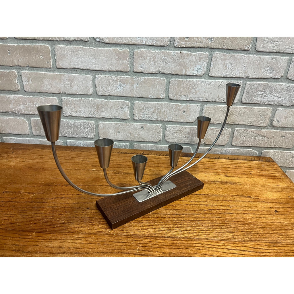 Vintage MCM Danish Stainless Steel Wood Base Candle Stick 6 Holder Candelabra MG