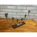 Vintage MCM Danish Stainless Steel Wood Base Candle Stick 6 Holder Candelabra MG