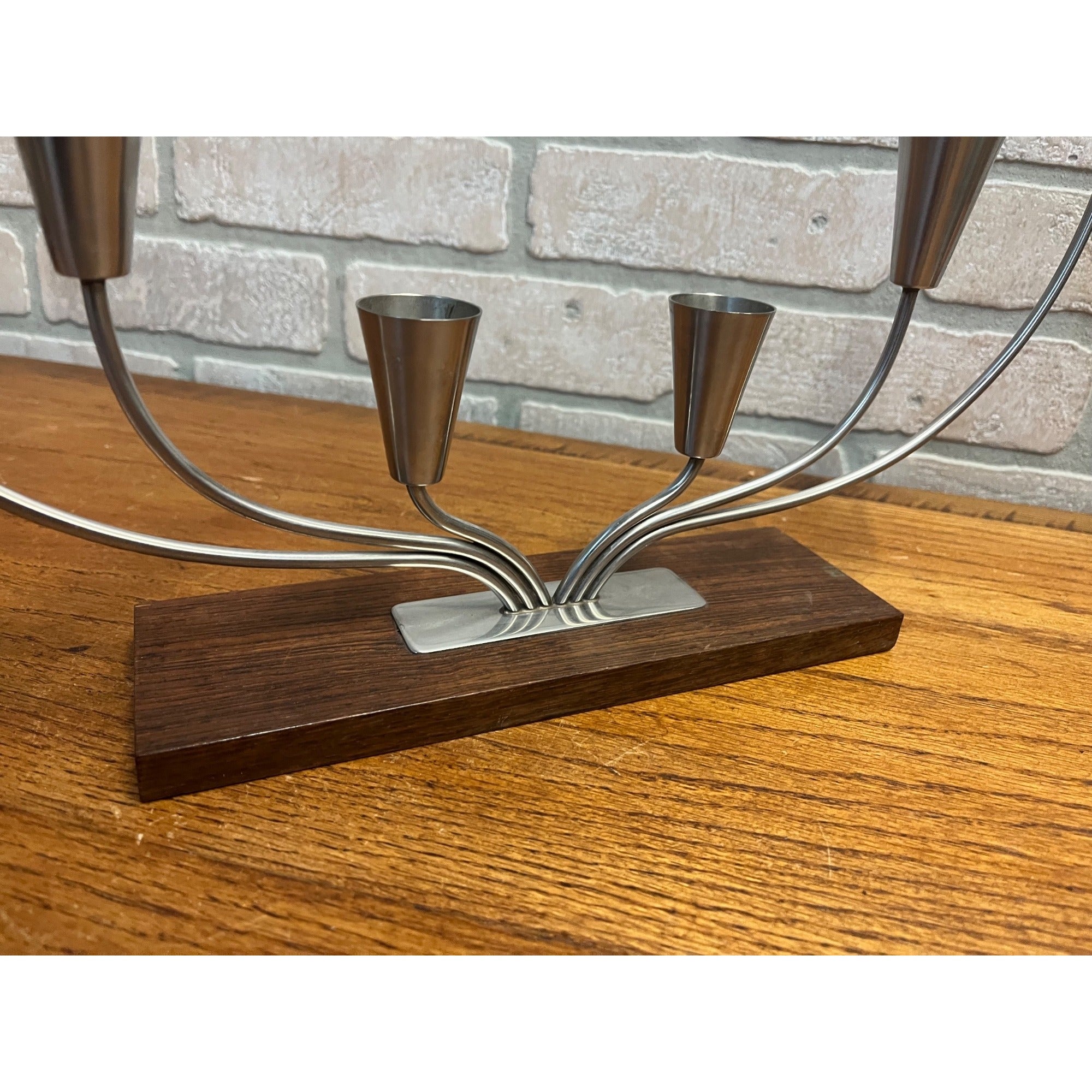 Vintage MCM Danish Stainless Steel Wood Base Candle Stick 6 Holder Candelabra MG