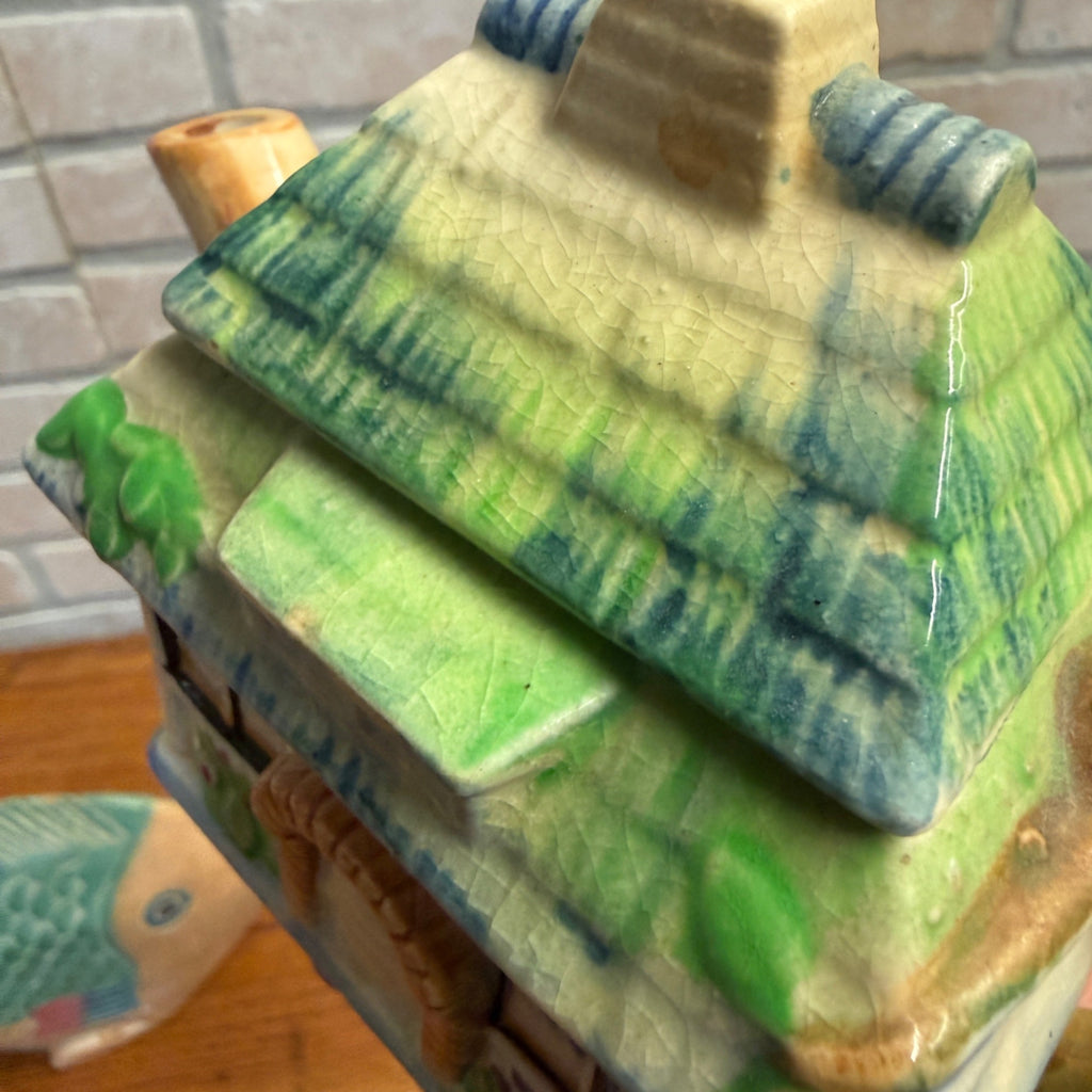Vintage Cottage Ware Tea Pot Japan 1940's Rustic Thatched Roof Hand Painted