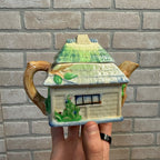 Vintage Cottage Ware Tea Pot Japan 1940's Rustic Thatched Roof Hand Painted