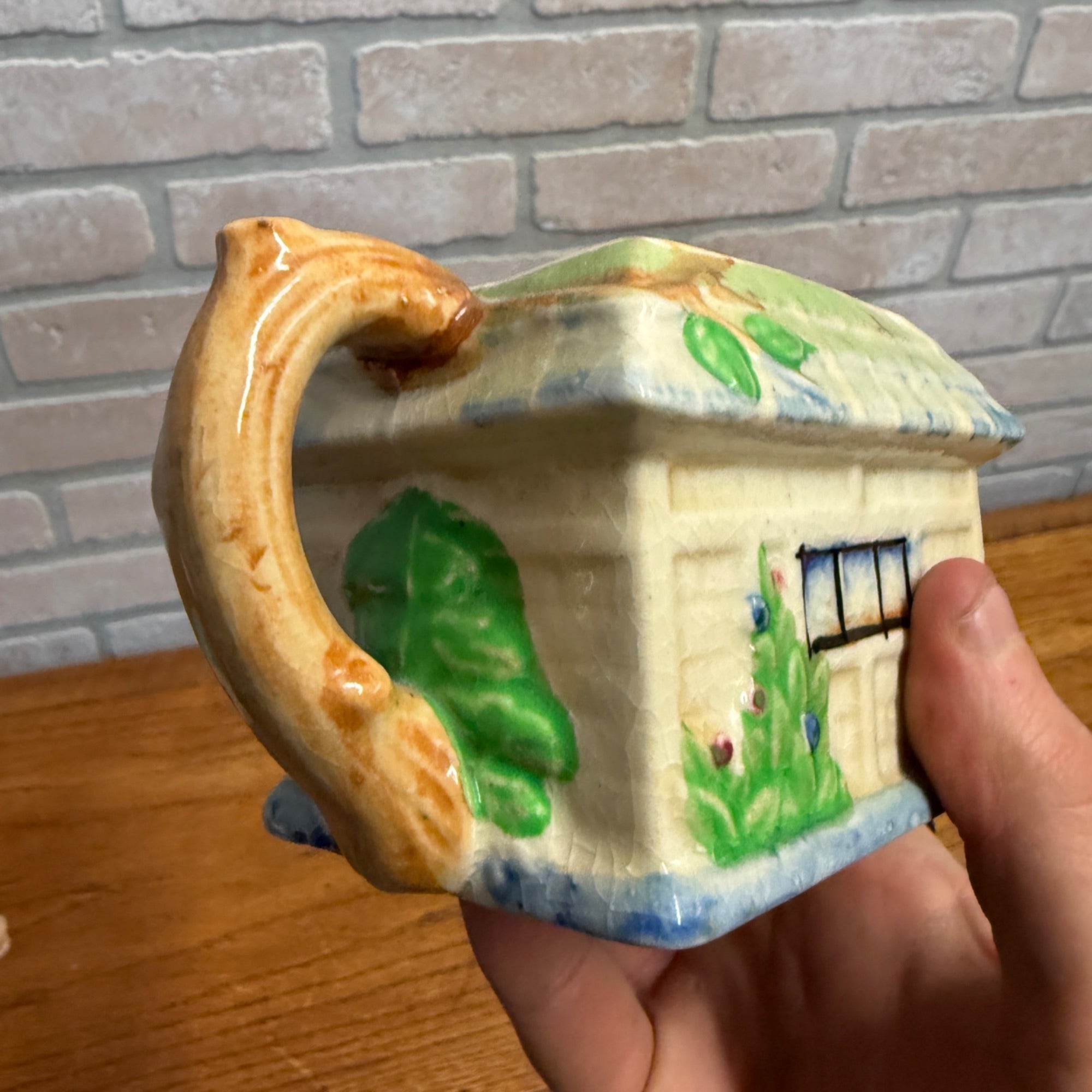 Vintage Cottage Ware Tea Pot Japan 1940's Rustic Thatched Roof Hand Painted