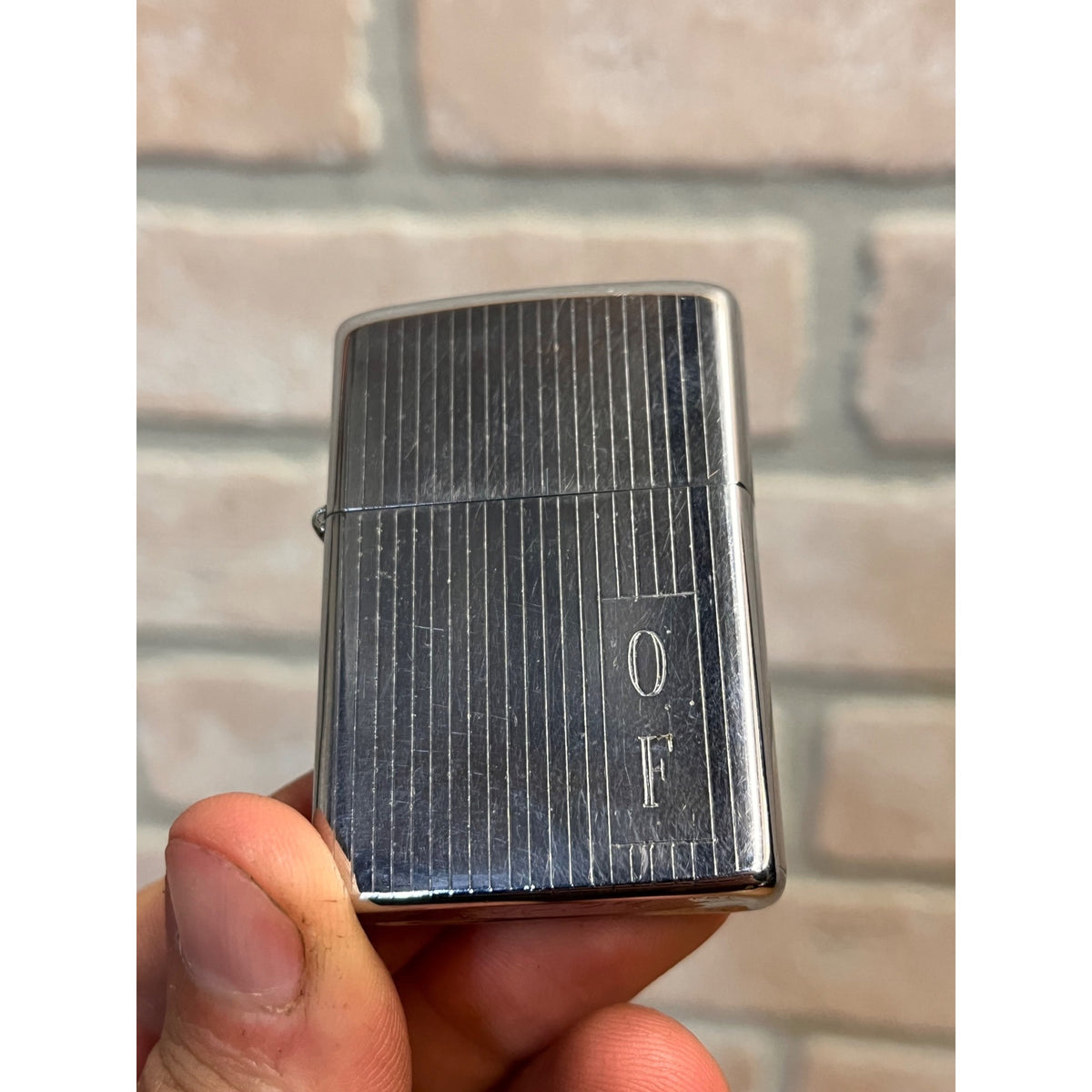 Vintage 1975 Zippo Pinstripe Chrome Cigarette Lighter w/ "OF" Initial Engraved