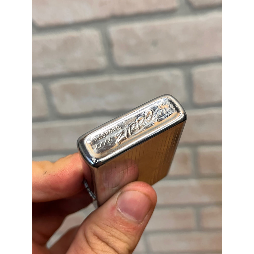 Vintage 1975 Zippo Pinstripe Chrome Cigarette Lighter w/ "OF" Initial Engraved