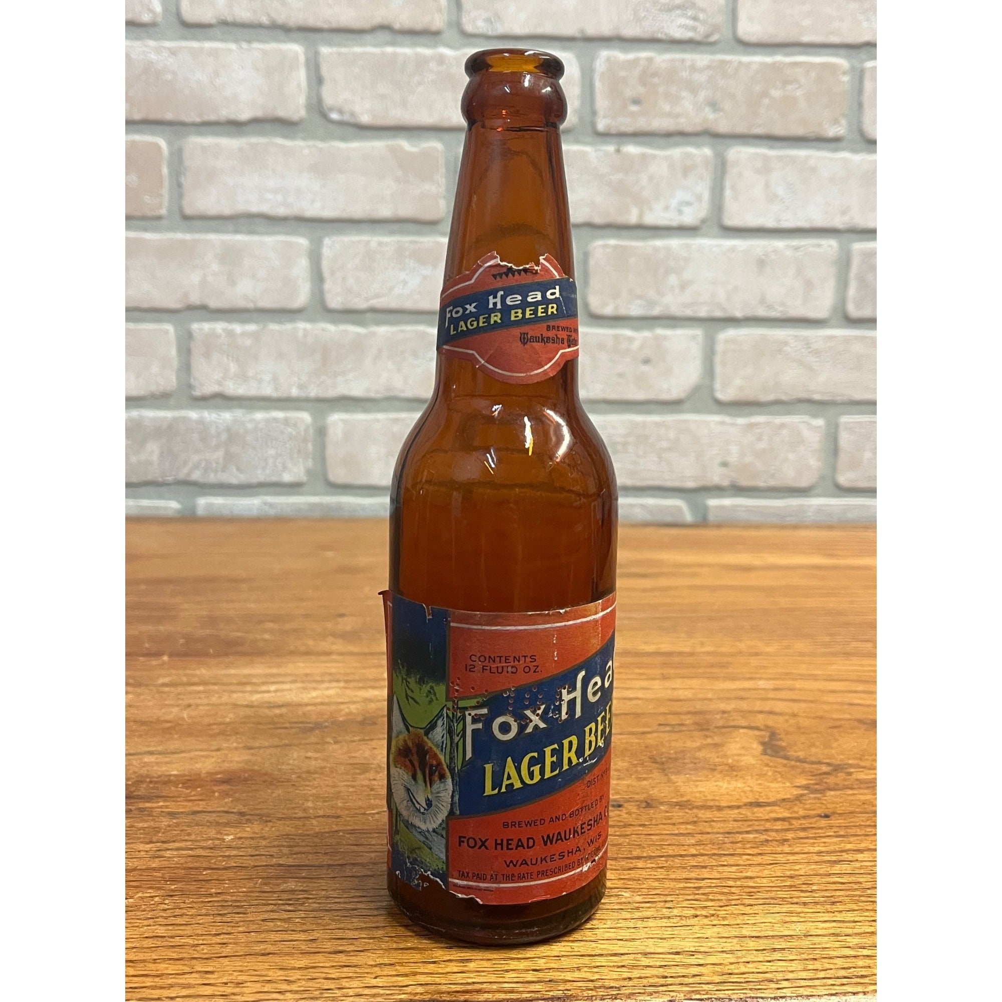 Vintage Fox Head Lager Waukesha IRTP Label Beer Bottle Wisconsin Wis