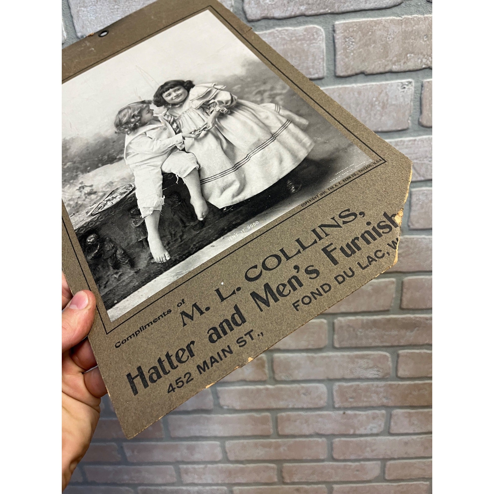 Vintage 1901 Collins Mens Clothing Hatter Advertising Sign Fond du Lac WI Wis