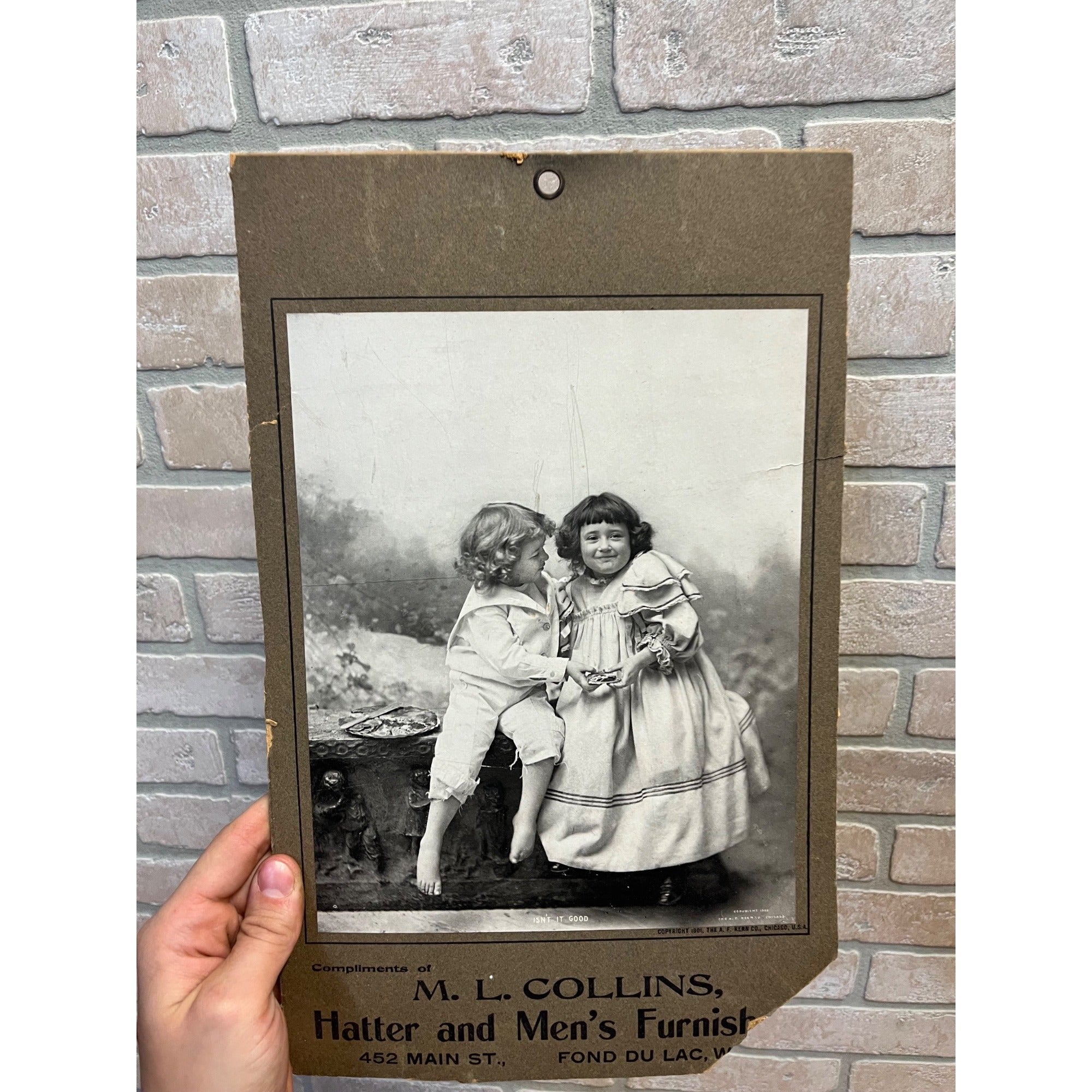 Vintage 1901 Collins Mens Clothing Hatter Advertising Sign Fond du Lac WI Wis