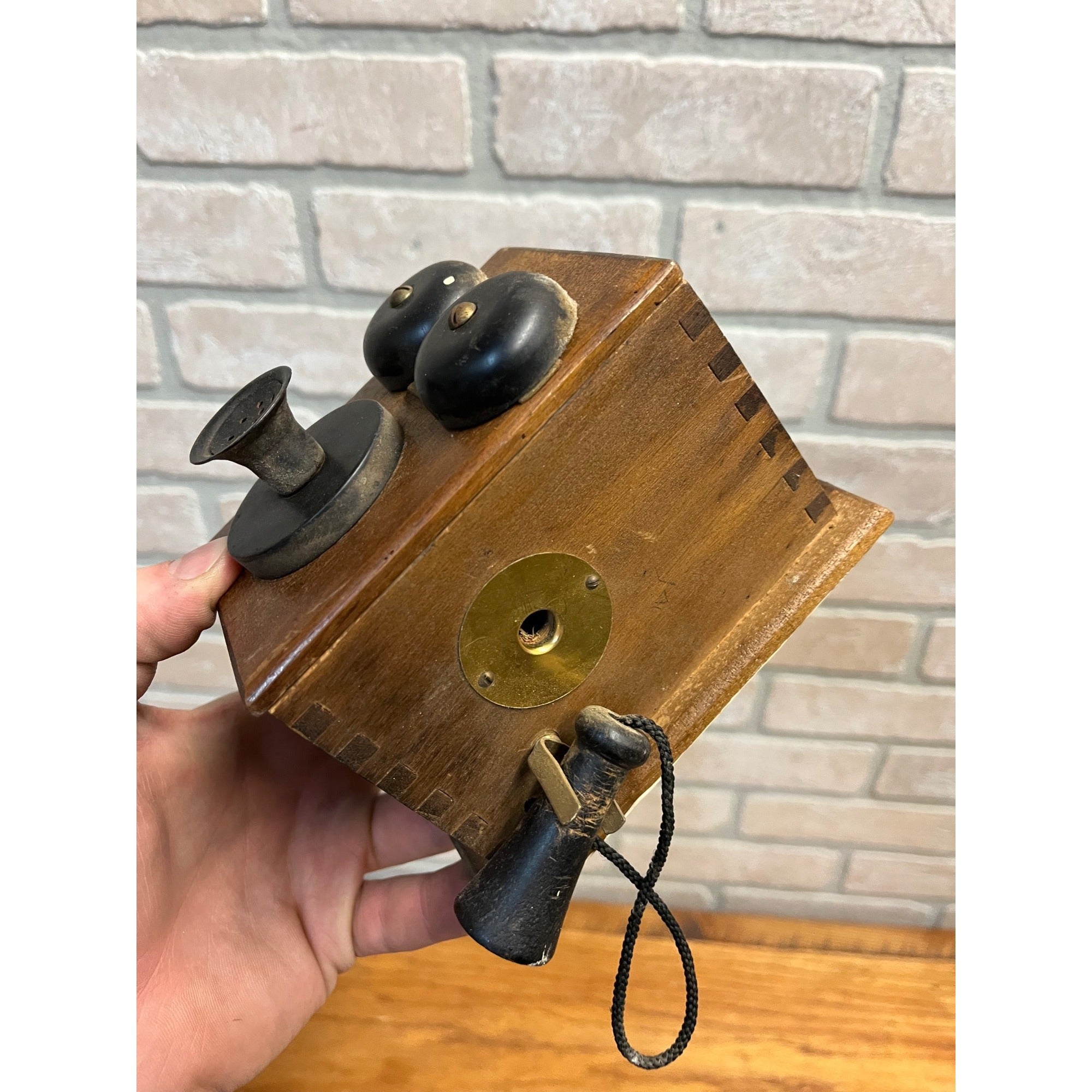 1960s Wood Wall Mount Telephone Look Crank Pencil Sharpener by Silvercraft