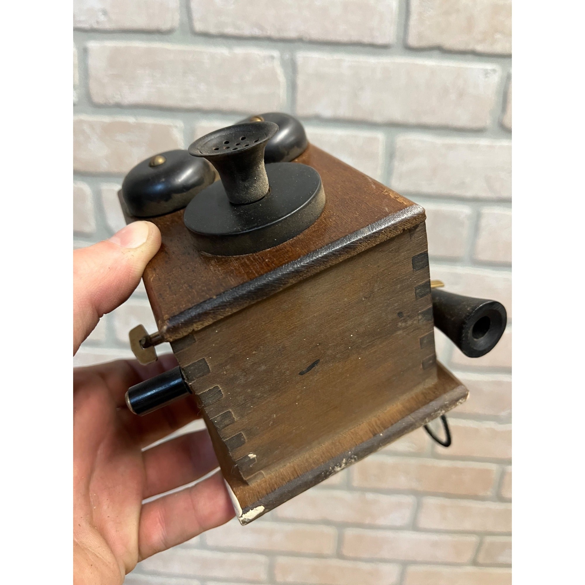 1960s Wood Wall Mount Telephone Look Crank Pencil Sharpener by Silvercraft