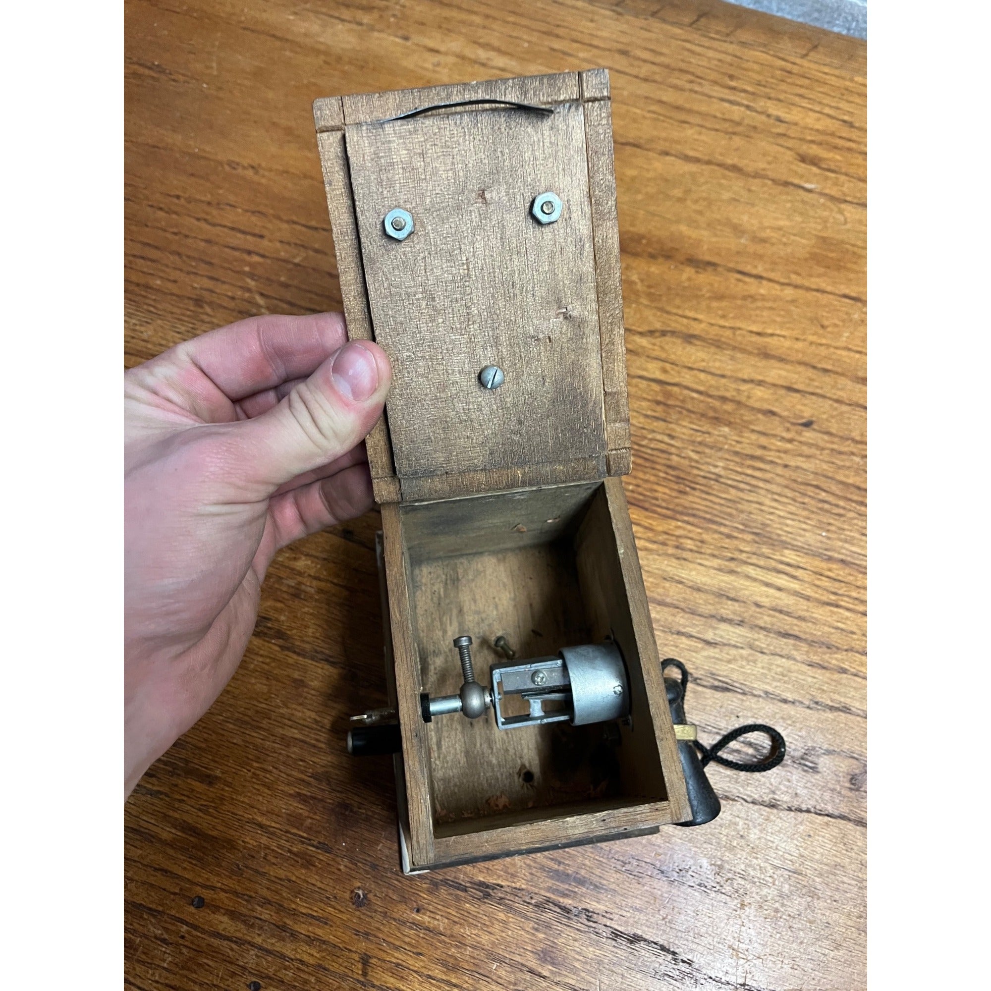 1960s Wood Wall Mount Telephone Look Crank Pencil Sharpener by Silvercraft