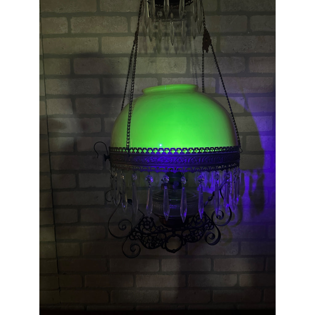 Antique Victorian Hanging Oil Kerosene Lamp w/ Ruby Burmese Shade Uranium Glows!