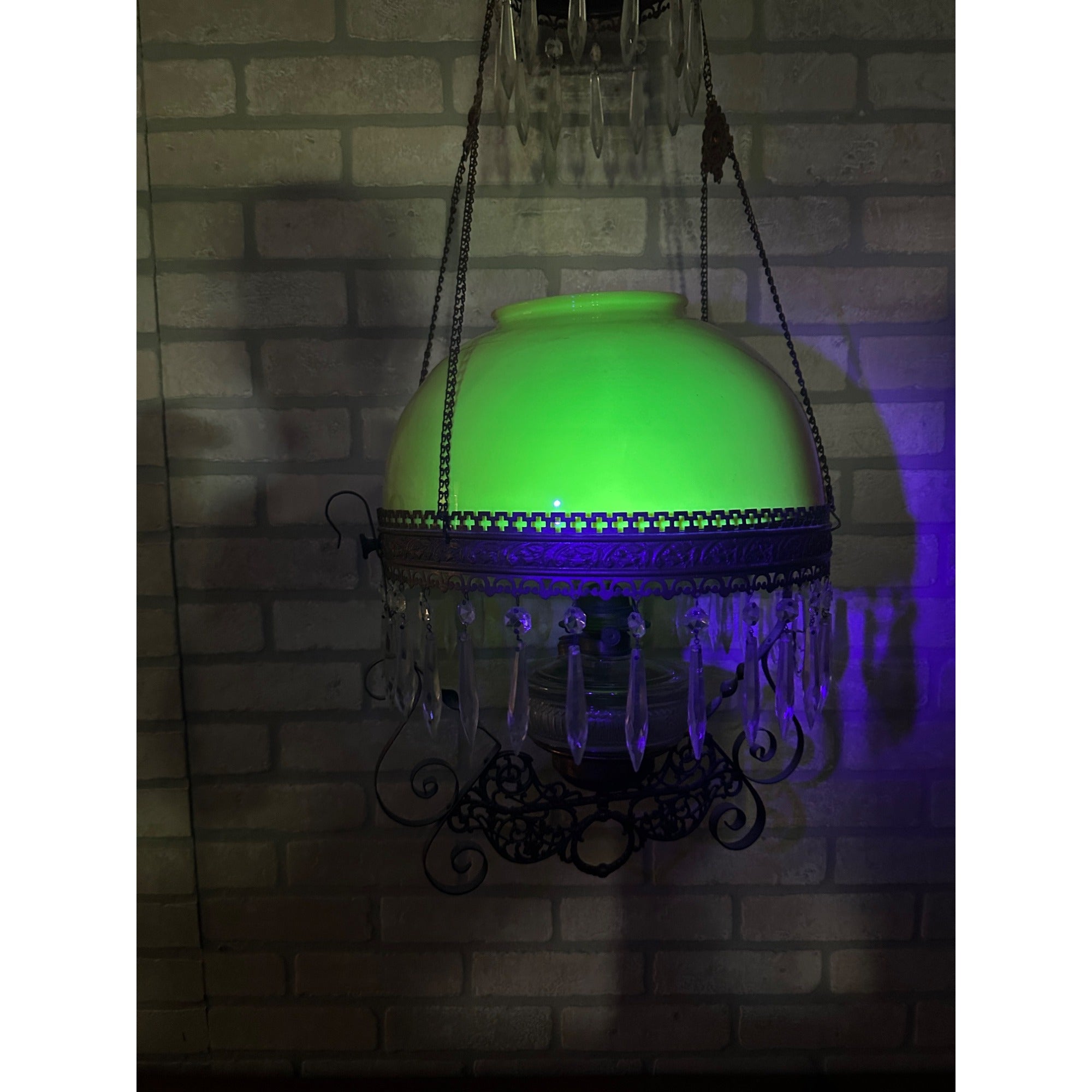 Antique Victorian Hanging Oil Kerosene Lamp w/ Ruby Burmese Shade Uranium Glows!