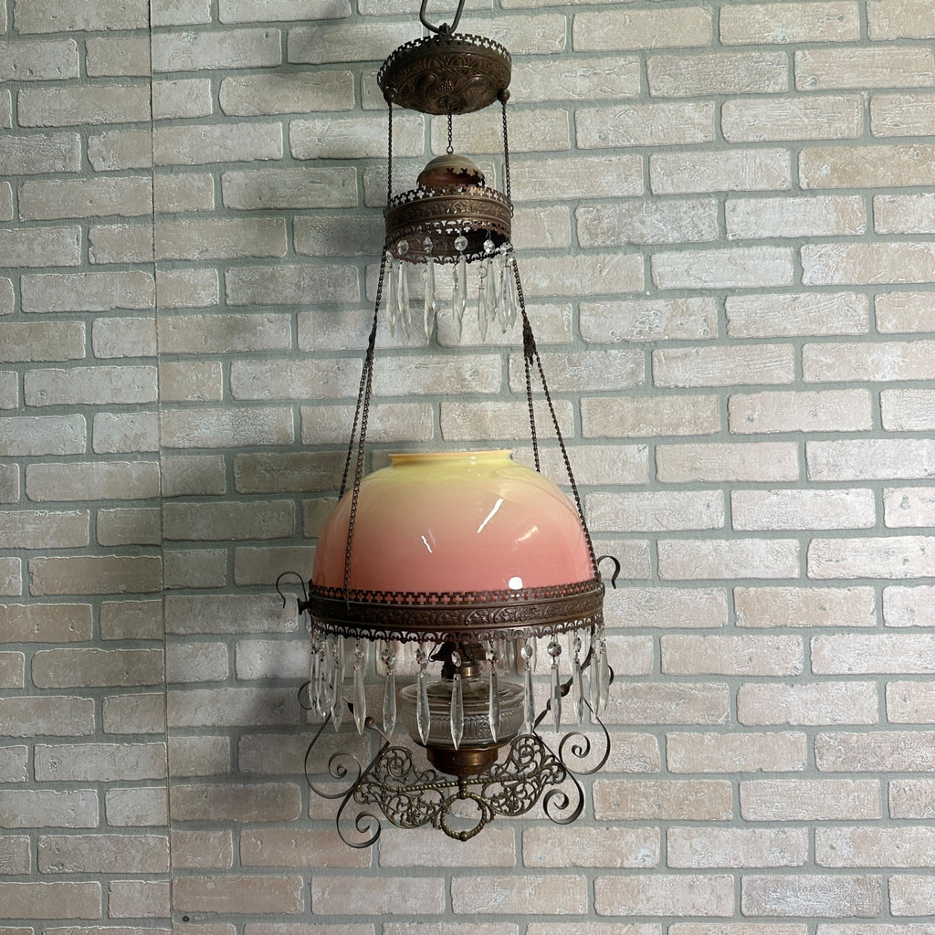 Antique Victorian Hanging Oil Kerosene Lamp w/ Ruby Burmese Shade Uranium Glows!