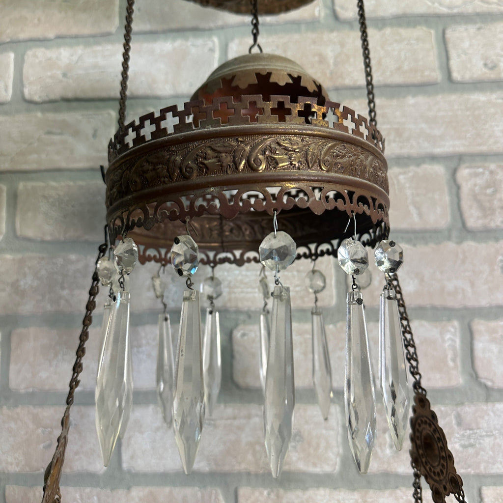 Antique Victorian Hanging Oil Kerosene Lamp w/ Ruby Burmese Shade Uranium Glows!