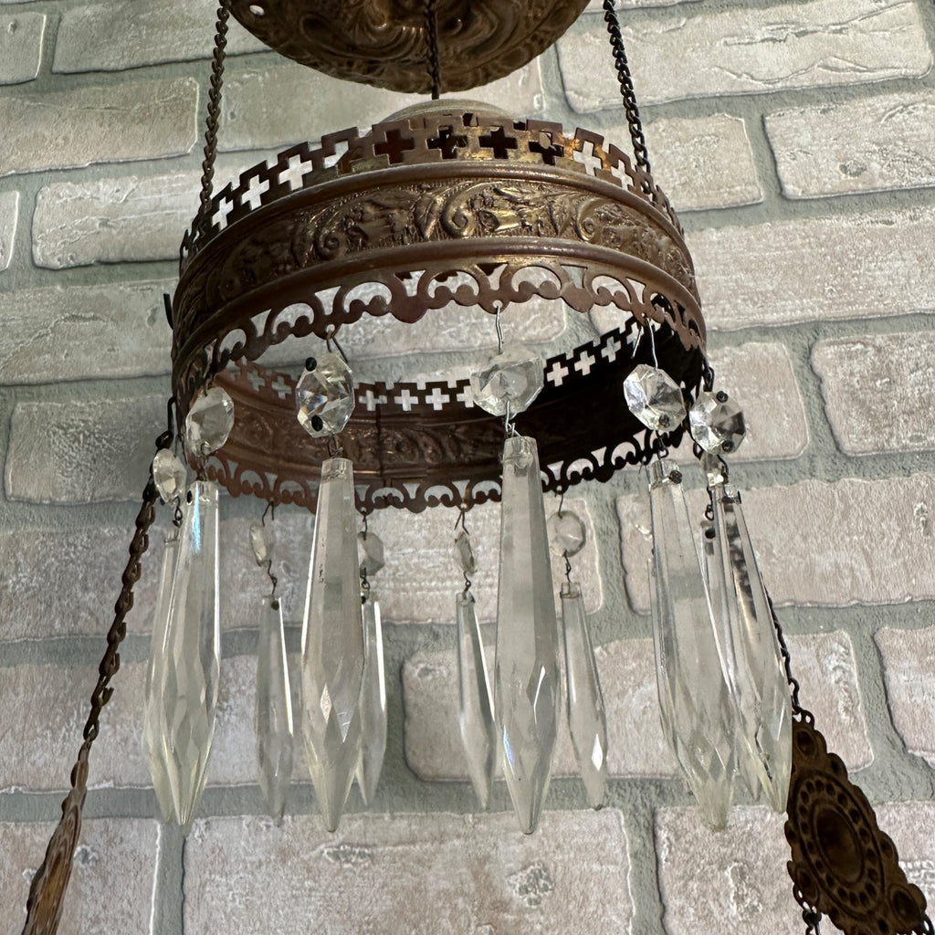 Antique Victorian Hanging Oil Kerosene Lamp w/ Ruby Burmese Shade Uranium Glows!