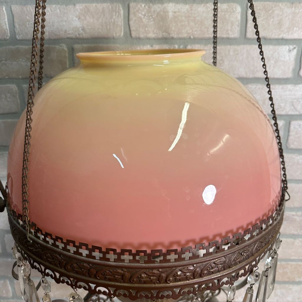 Antique Victorian Hanging Oil Kerosene Lamp w/ Ruby Burmese Shade Uranium Glows!