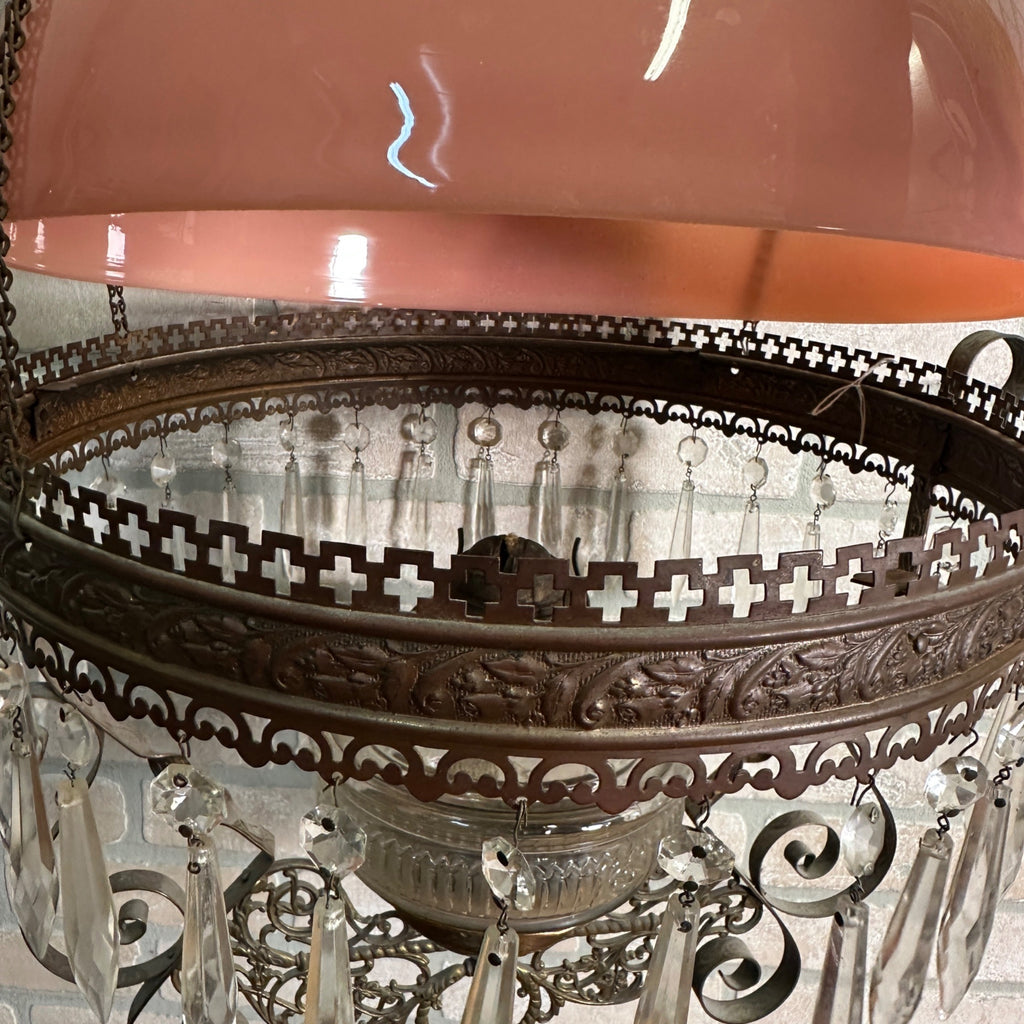 Antique Victorian Hanging Oil Kerosene Lamp w/ Ruby Burmese Shade Uranium Glows!