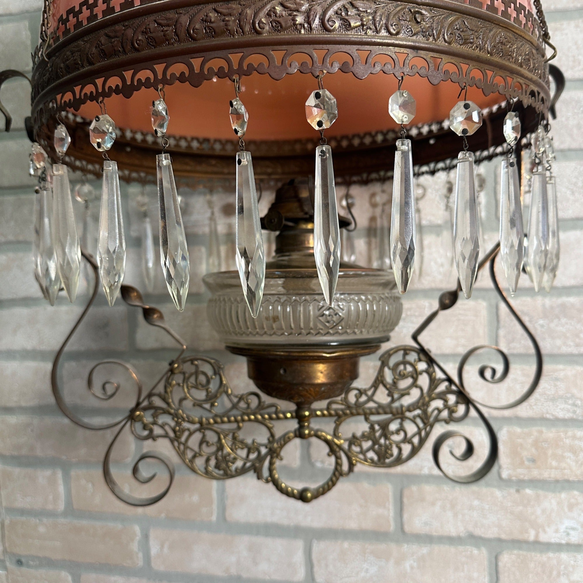 Antique Victorian Hanging Oil Kerosene Lamp w/ Ruby Burmese Shade Uranium Glows!