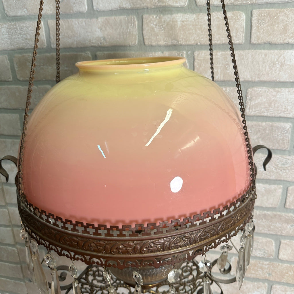 Antique Victorian Hanging Oil Kerosene Lamp w/ Ruby Burmese Shade Uranium Glows!