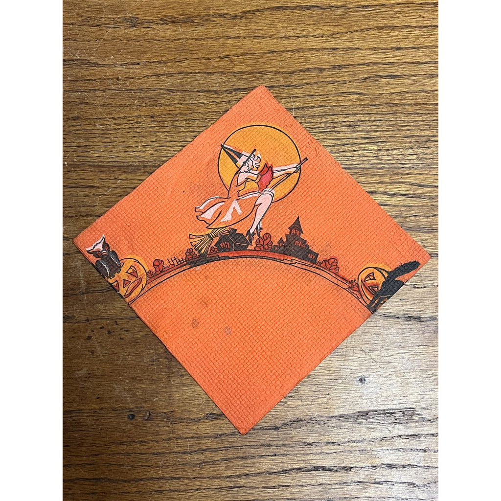 Vintage 1930s Halloween Dennison Crepe Paper Napkin Flying Witch Art Deco JOL
