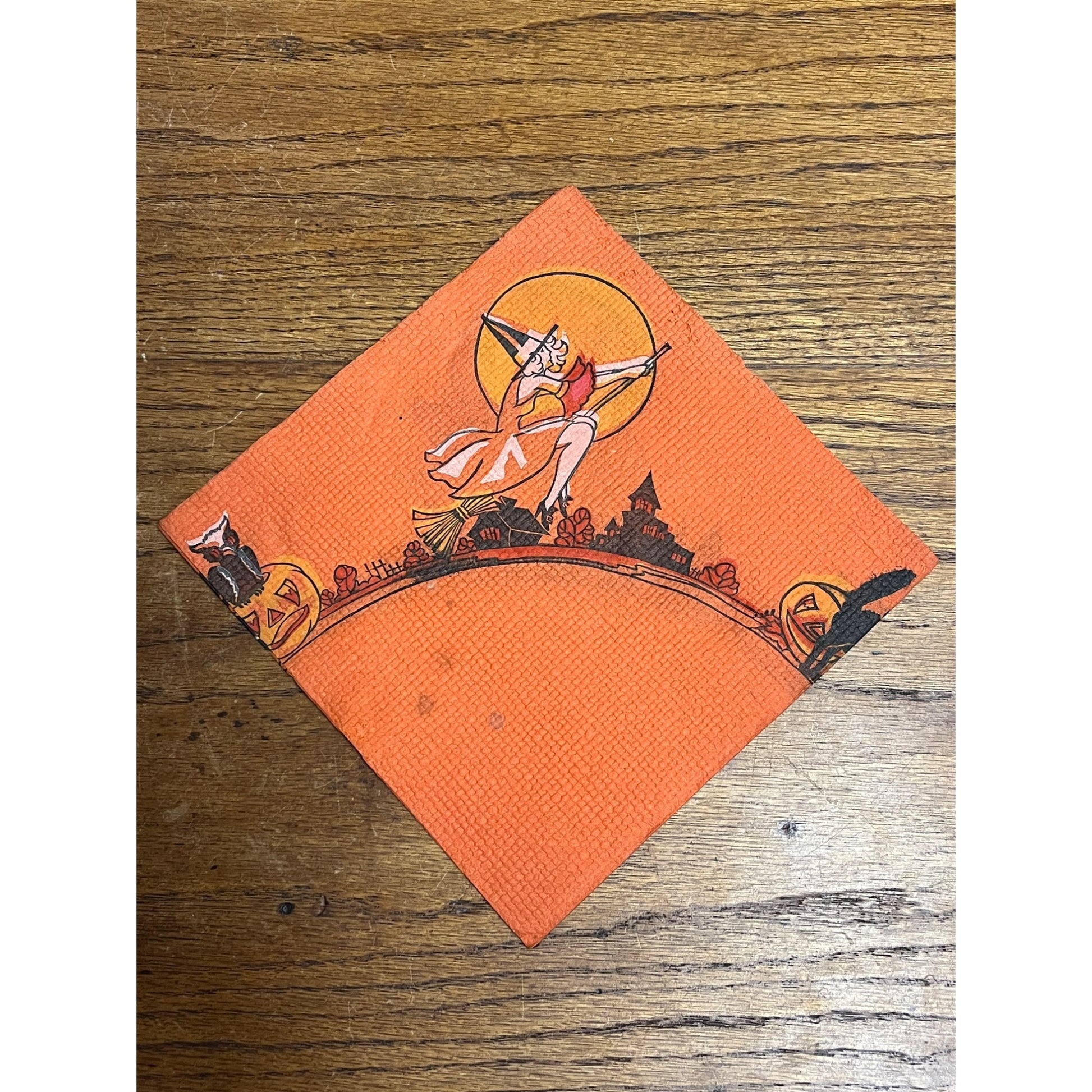 Vintage 1930s Halloween Dennison Crepe Paper Napkin Flying Witch Art Deco JOL