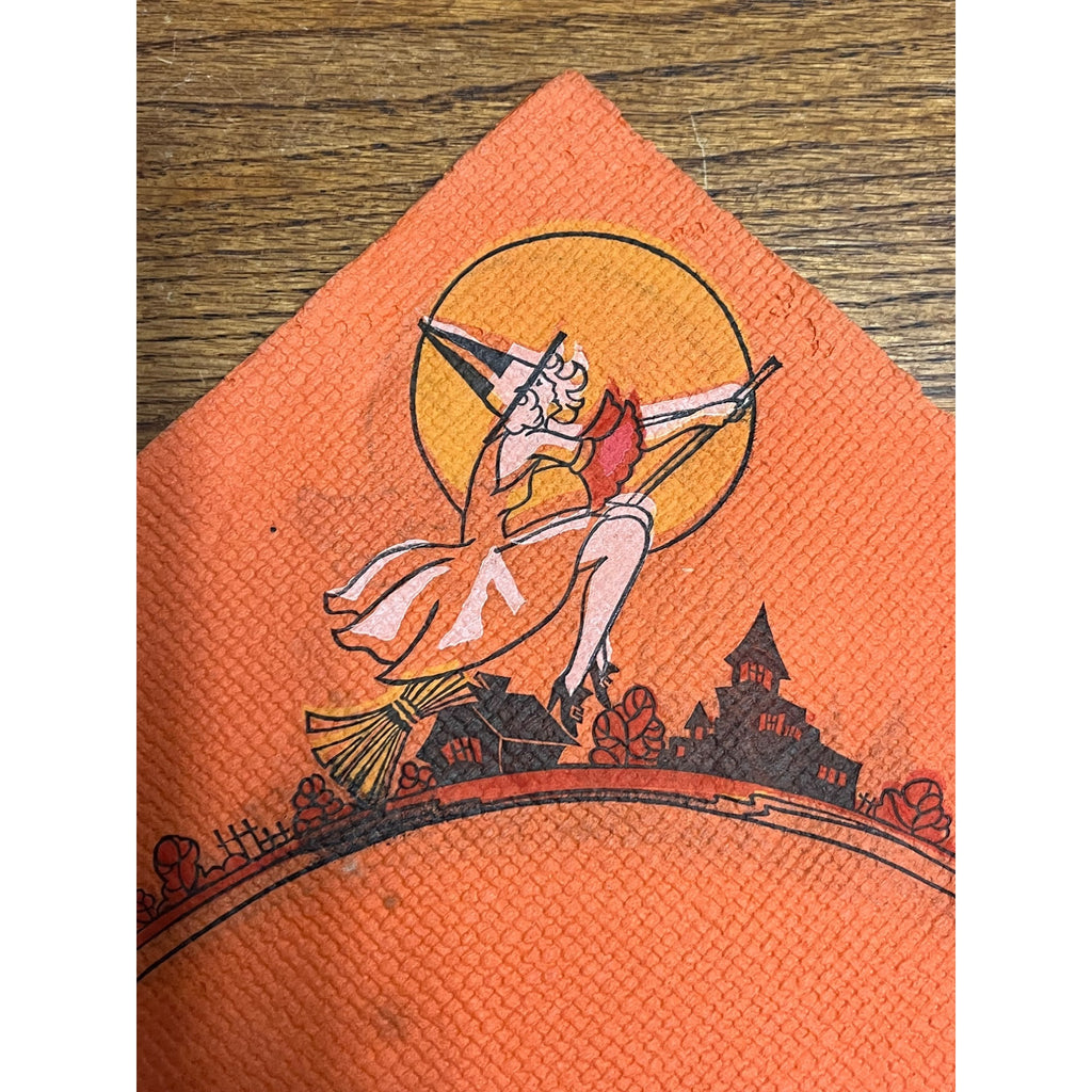 Vintage 1930s Halloween Dennison Crepe Paper Napkin Flying Witch Art Deco JOL