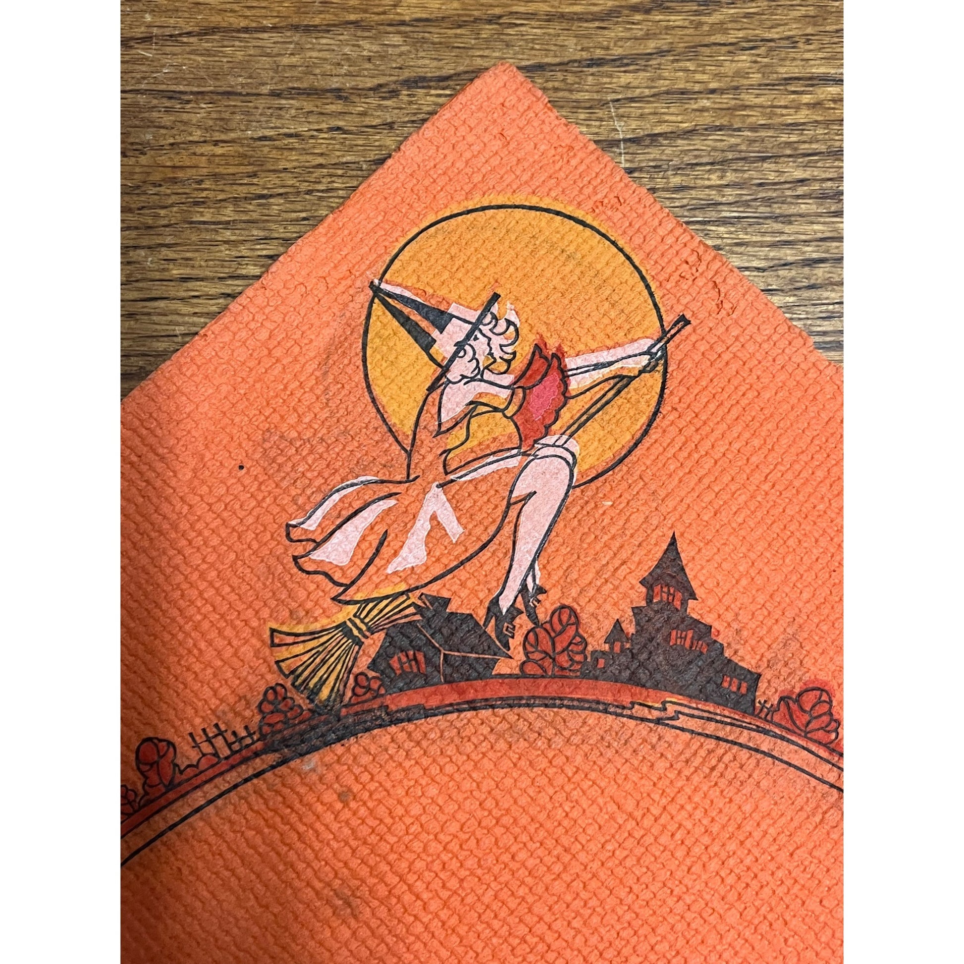 Vintage 1930s Halloween Dennison Crepe Paper Napkin Flying Witch Art Deco JOL