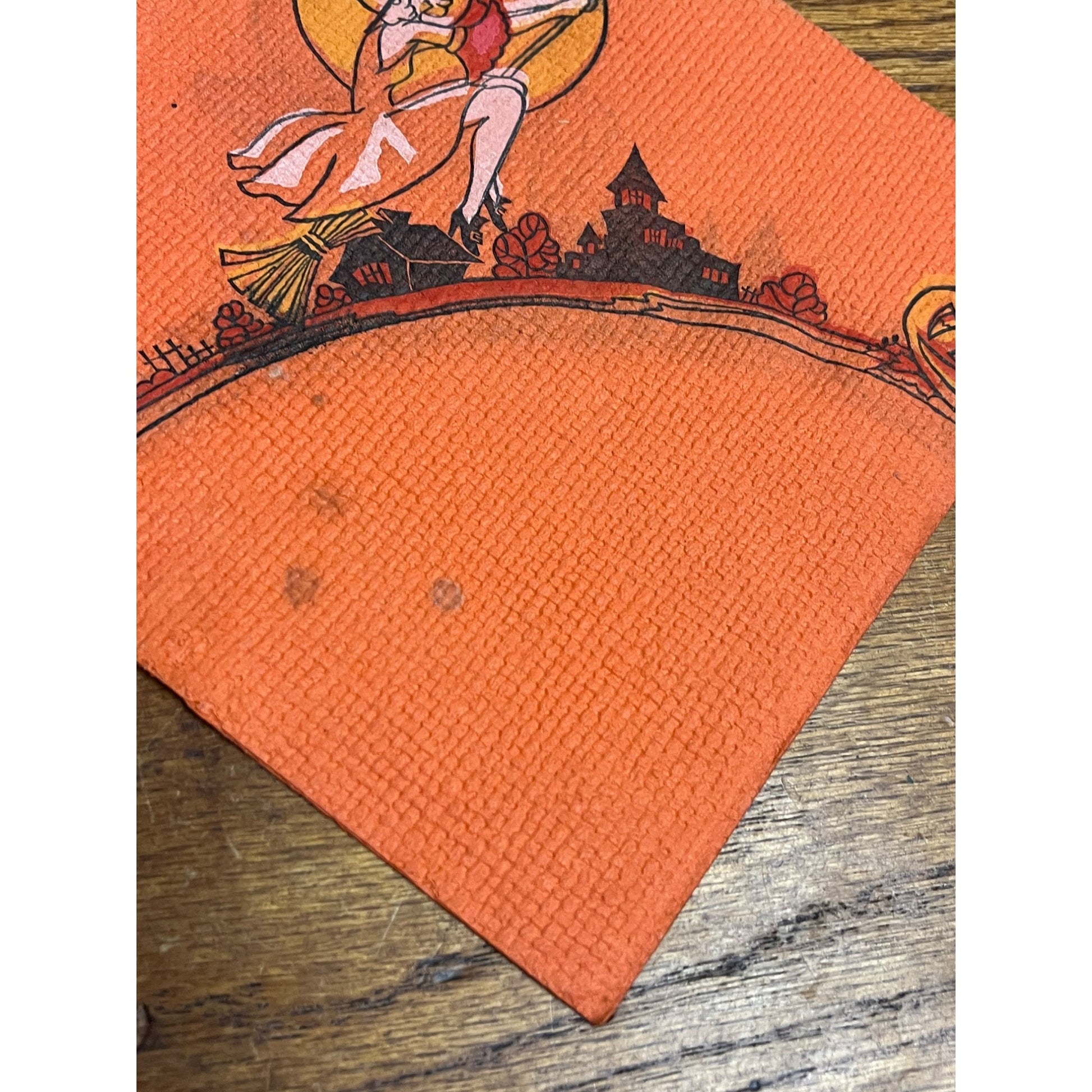 Vintage 1930s Halloween Dennison Crepe Paper Napkin Flying Witch Art Deco JOL