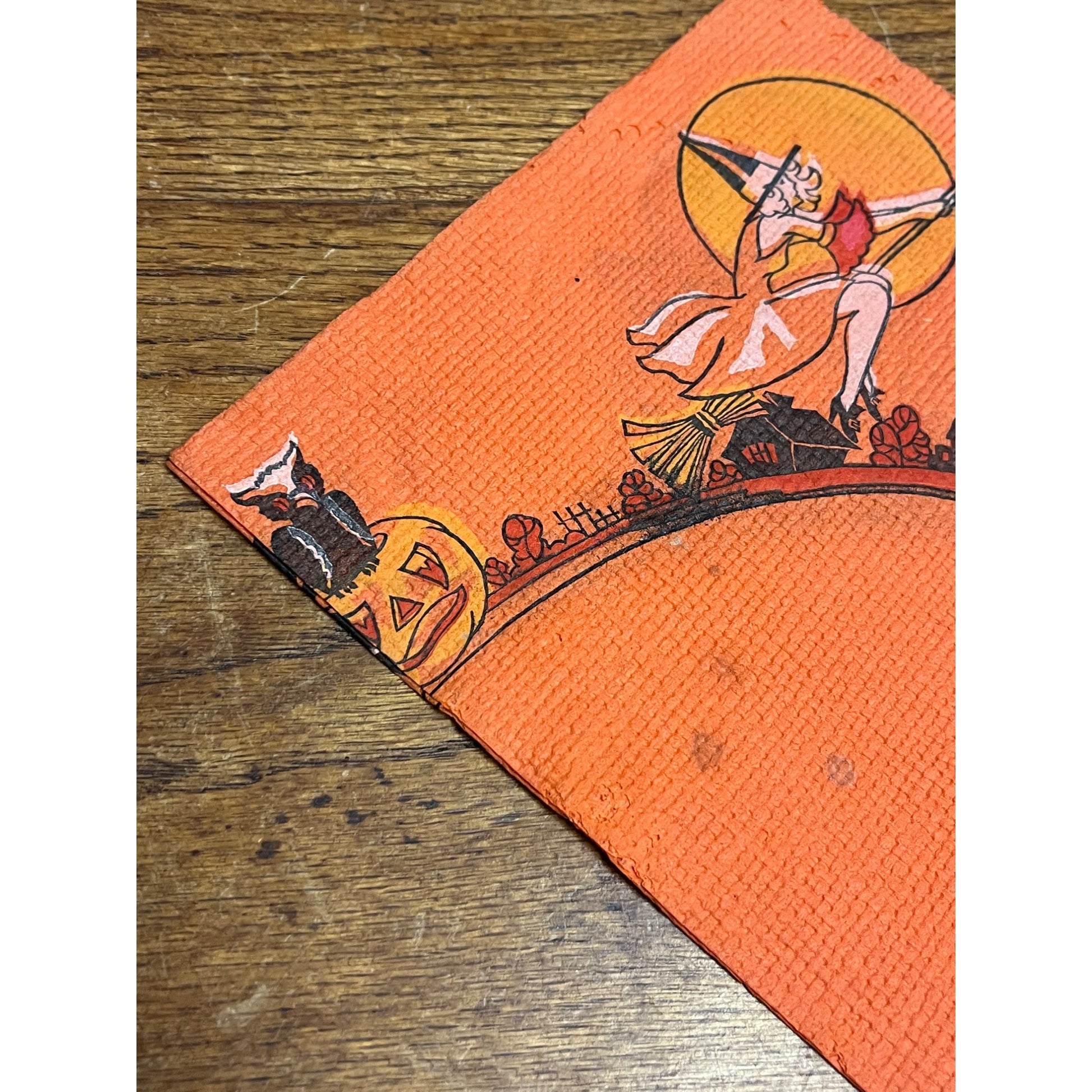 Vintage 1930s Halloween Dennison Crepe Paper Napkin Flying Witch Art Deco JOL