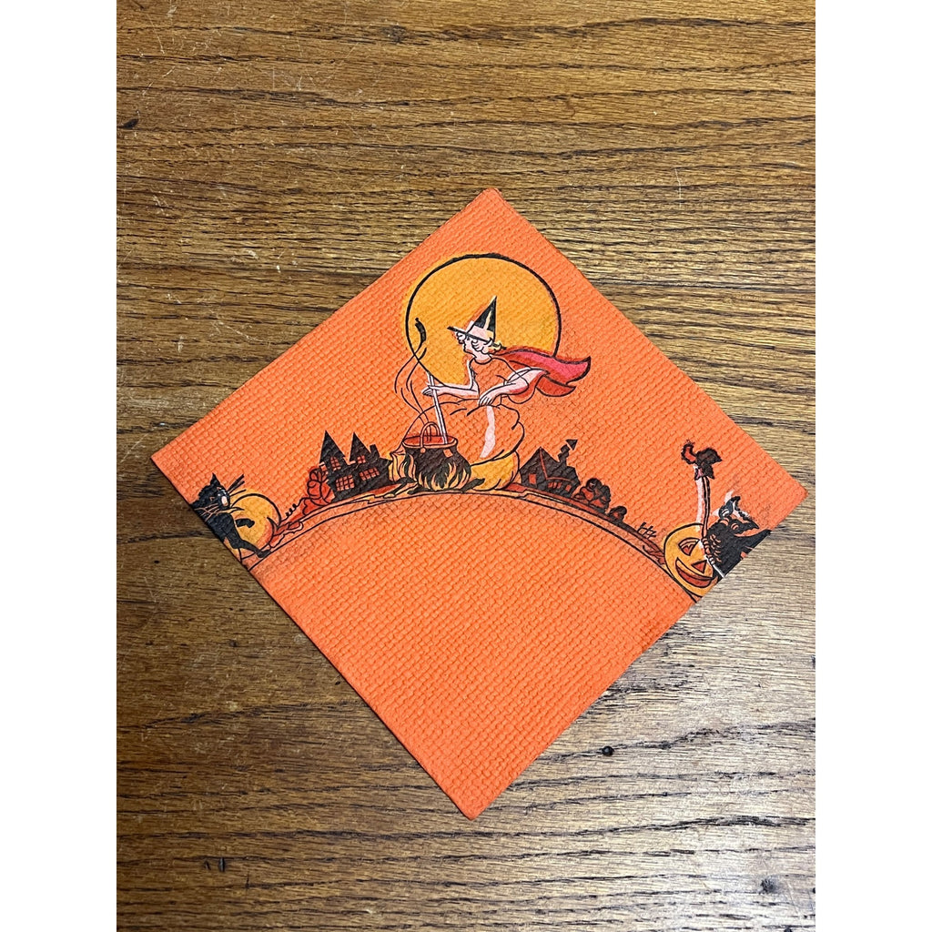 Vintage 1930s Halloween Dennison Crepe Paper Napkin Flying Witch Art Deco JOL